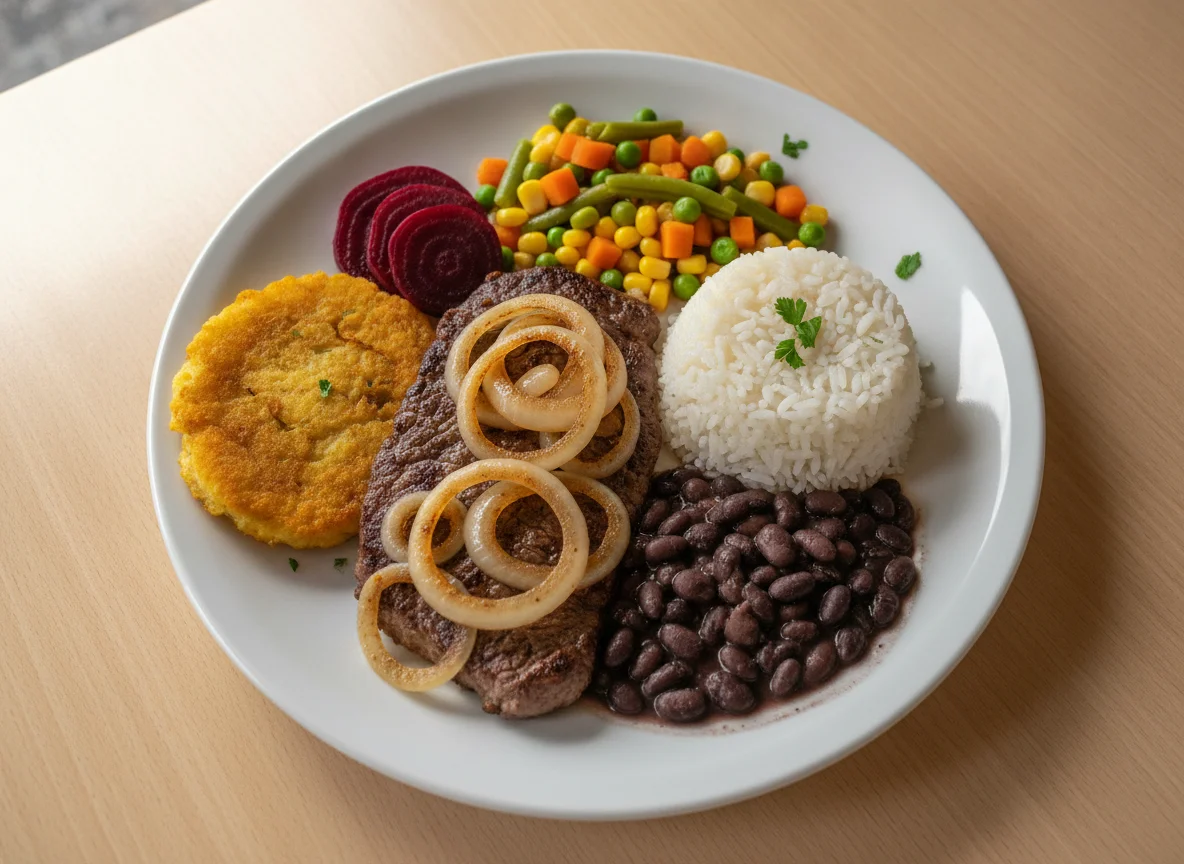 Bife acebolado com arroz, feijão e legumes photo