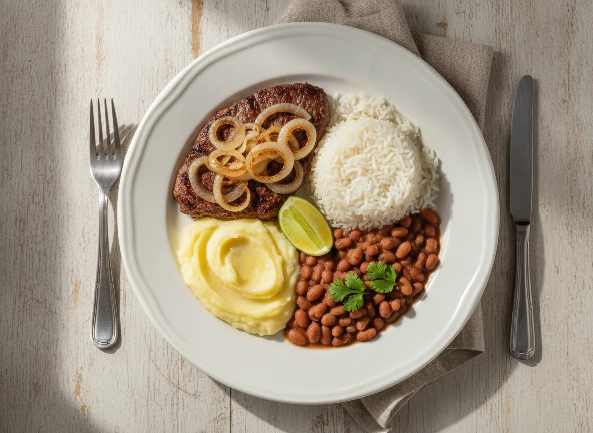 Bife acebolado com arroz, feijão e purê de batata photo