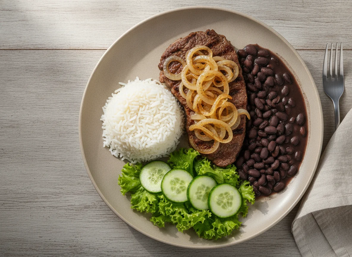 Bife acebolado com arroz, feijão e salada photo