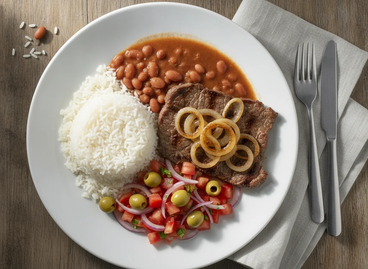 Bife acebolado com arroz, feijão e salada de tomate photo