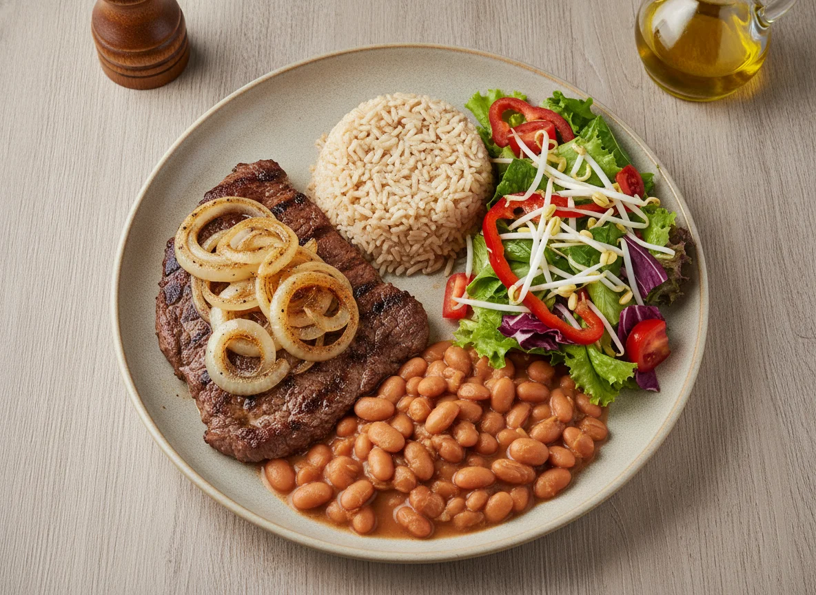 Bife acebolado com arroz, feijão e salada variada photo