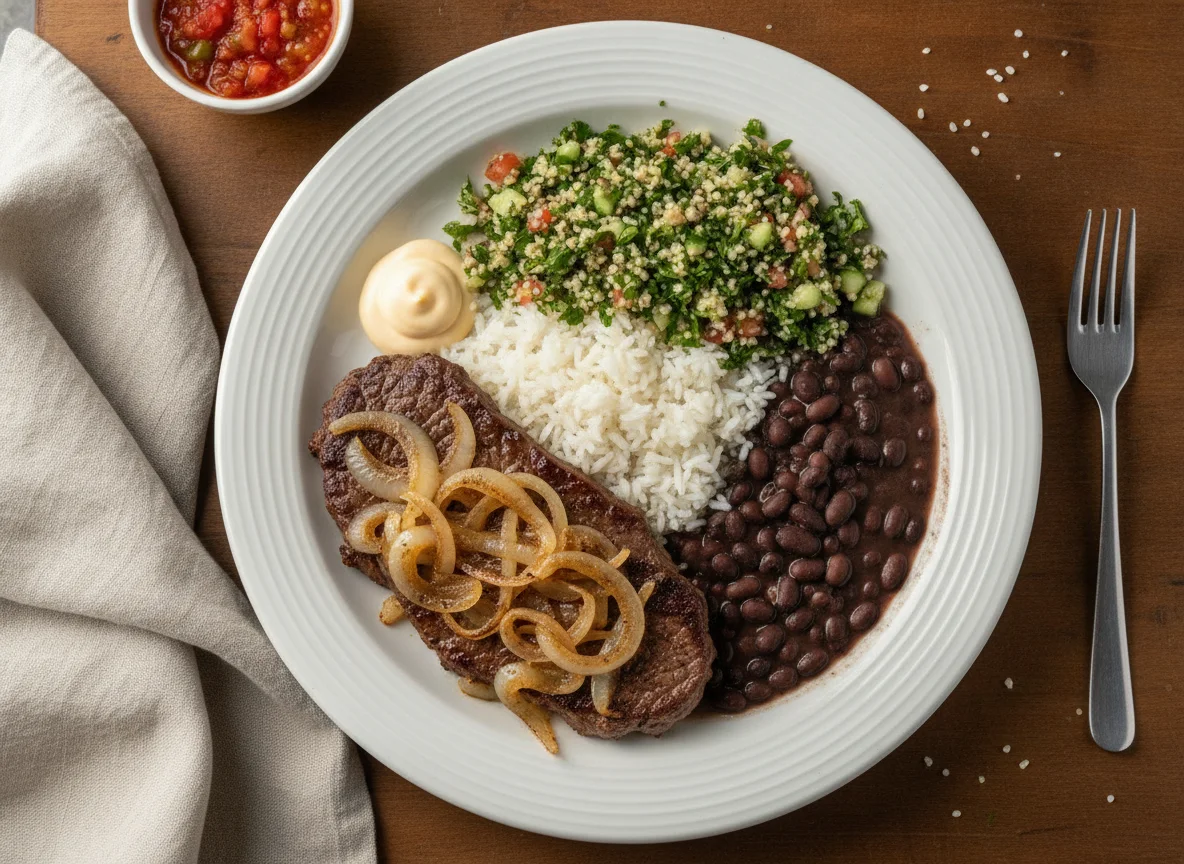 Bife acebolado com arroz, feijão e tabule photo