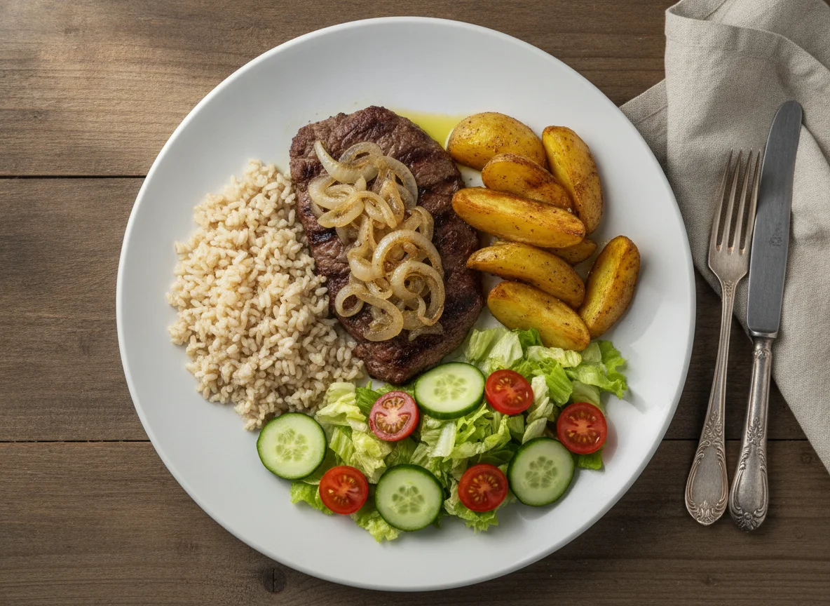 Bife acebolado com arroz integral, batatas e salada photo