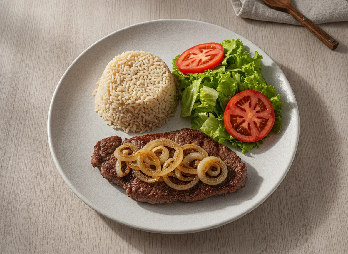 Bife acebolado com arroz integral e salada photo