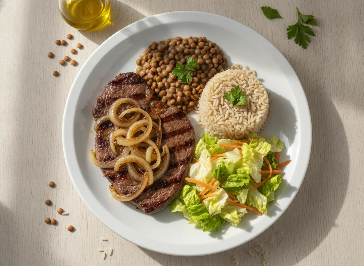 Bife acebolado com arroz integral, lentilha e salada photo