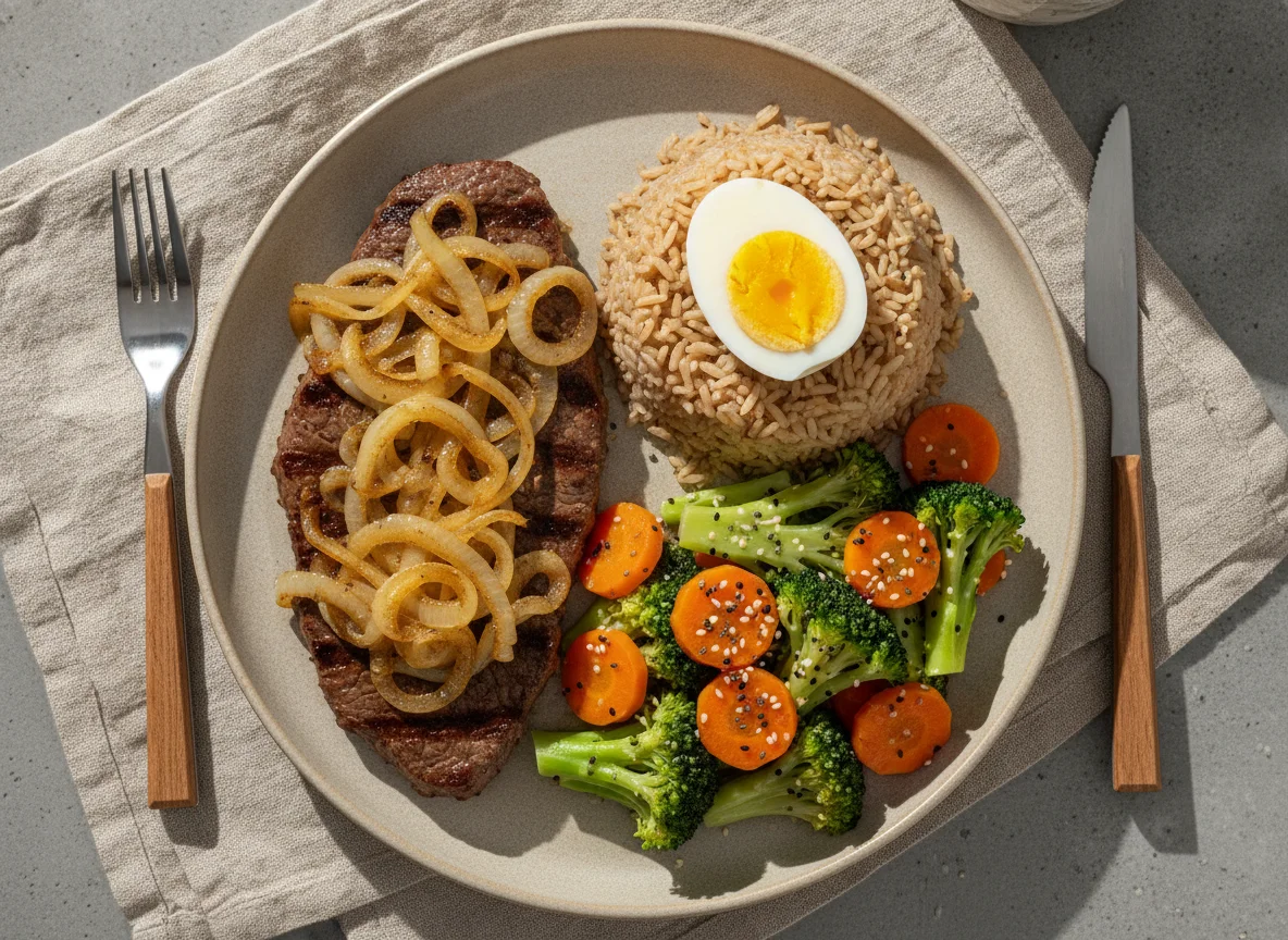 Bife acebolado com arroz integral, ovos cozidos e salada de legumes photo