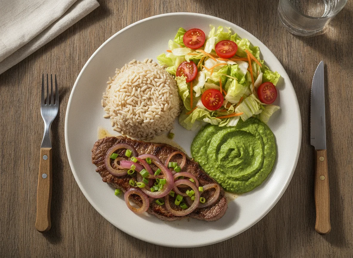 Bife acebolado com arroz integral, salada e creme de espinafre photo