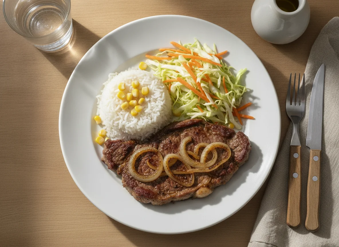 Bife acebolado com arroz, milho e salada photo