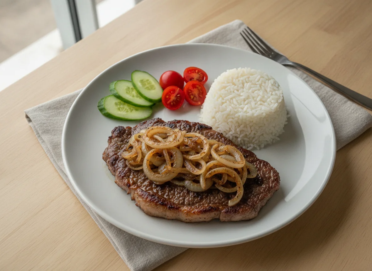 Bife acebolado com arroz, pepino e tomate photo
