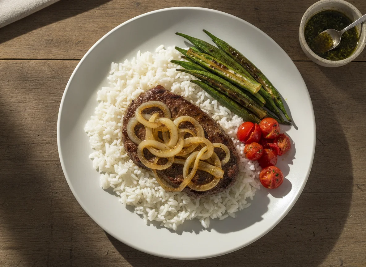 Bife acebolado com arroz, quiabo e tomate photo