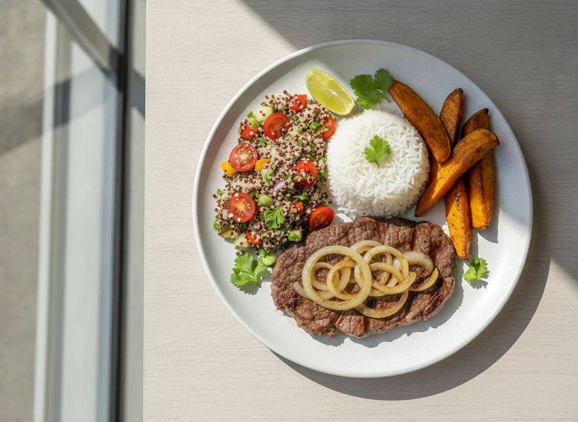Bife acebolado com arroz, salada de quinoa e batata-doce photo