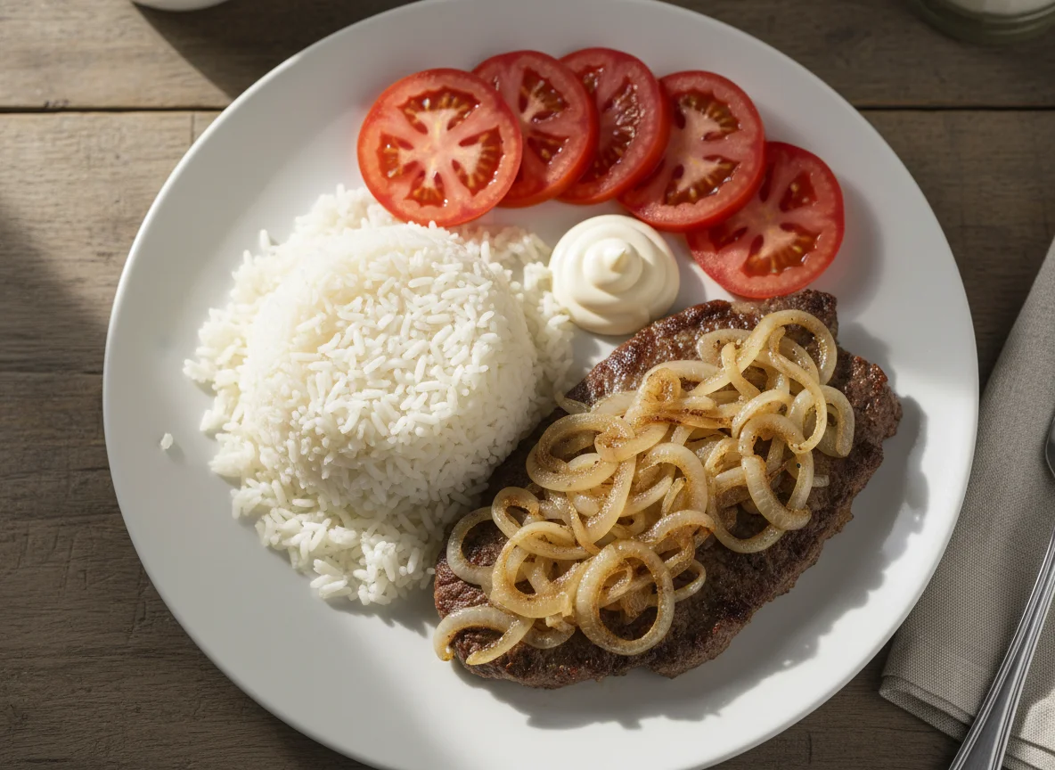 Bife acebolado com arroz, tomate e maionese photo