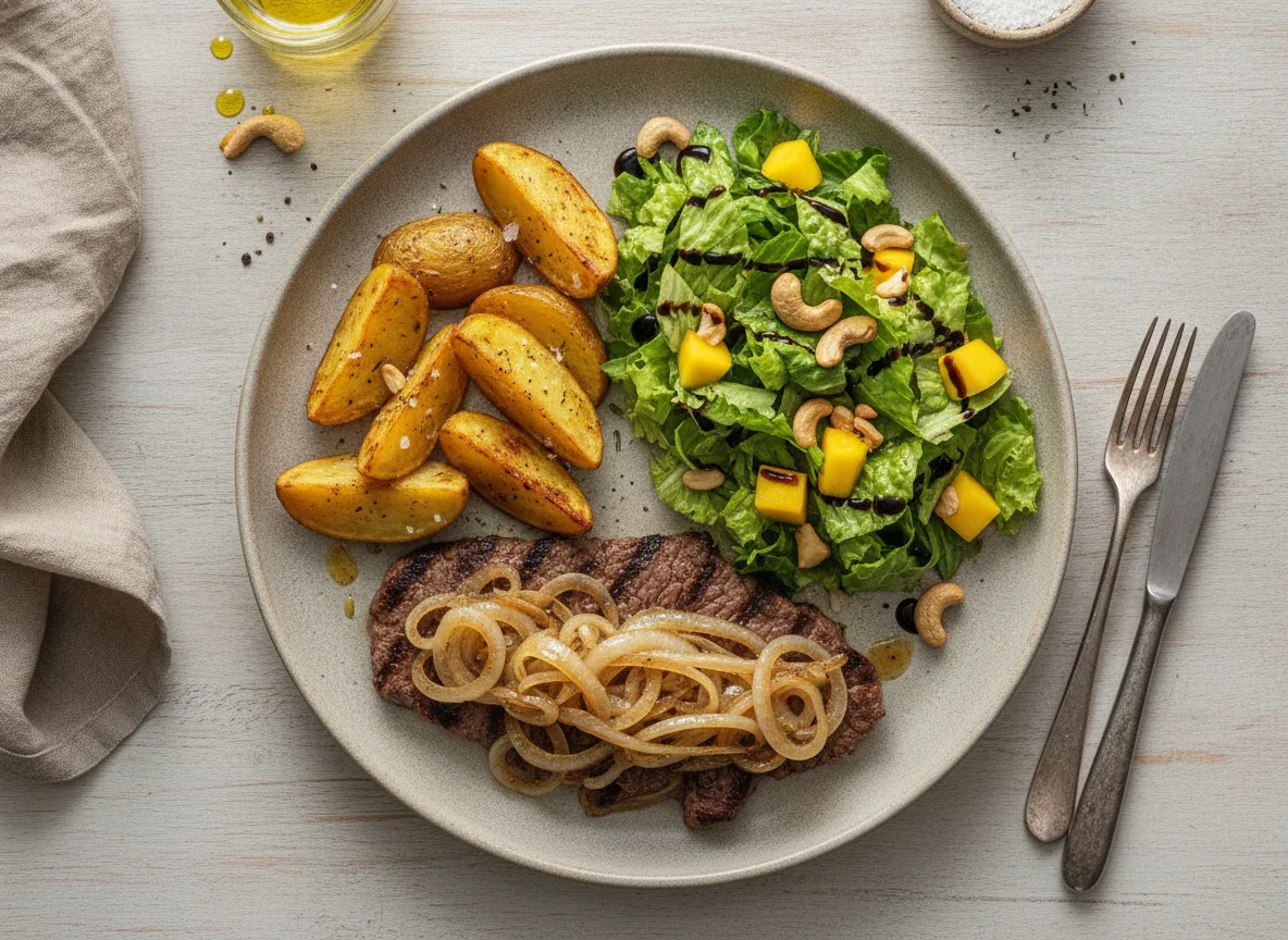 Bife acebolado com batata assada e salada verde photo