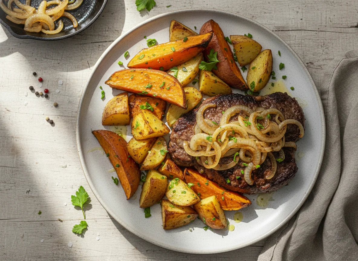 Bife acebolado com batata doce e batata inglesa assadas photo