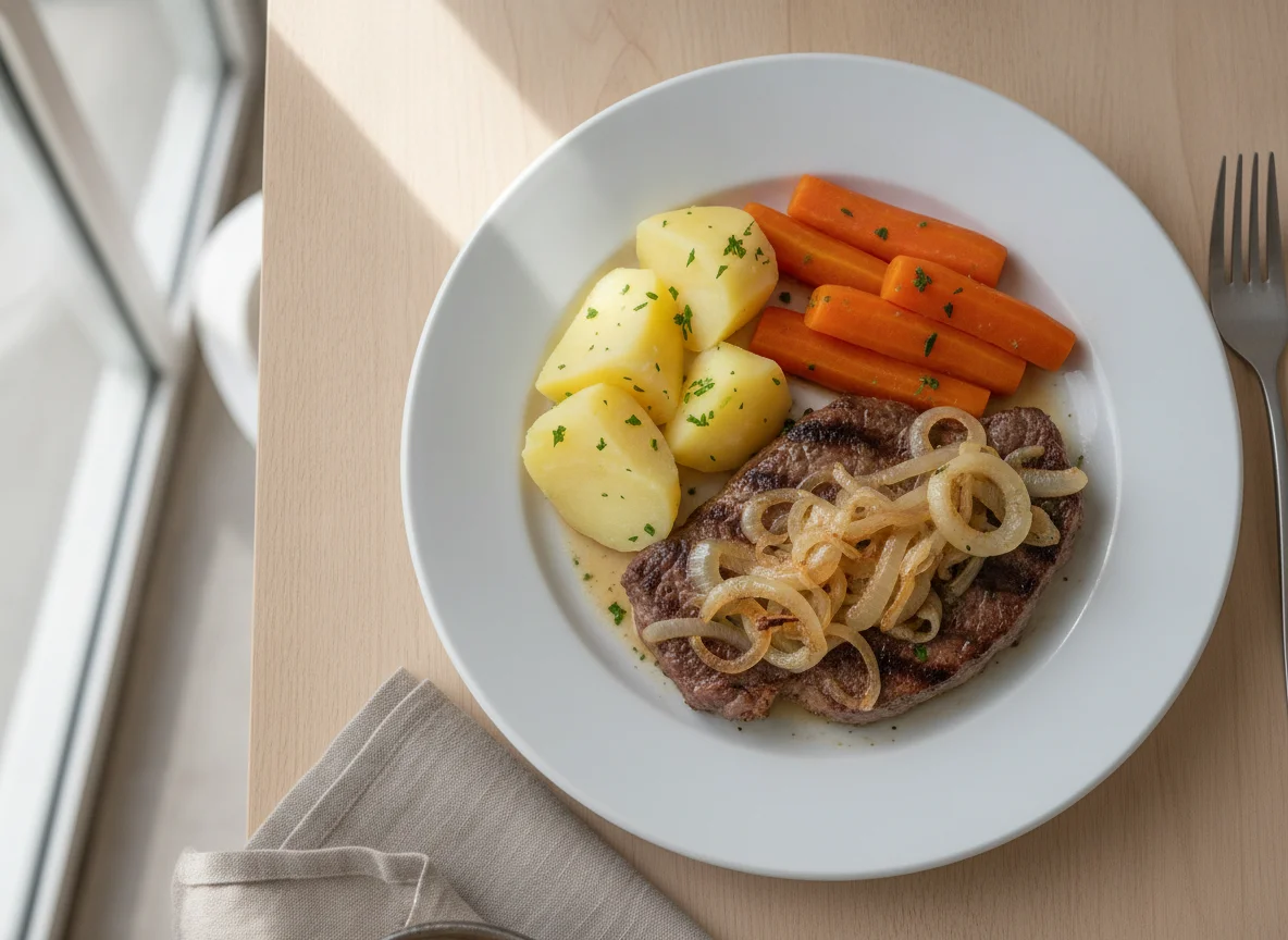 Bife acebolado com batata e cenoura cozidas photo