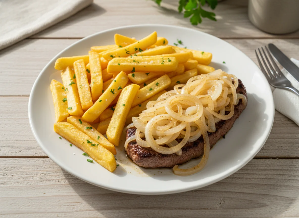 Bife acebolado com batata frita photo