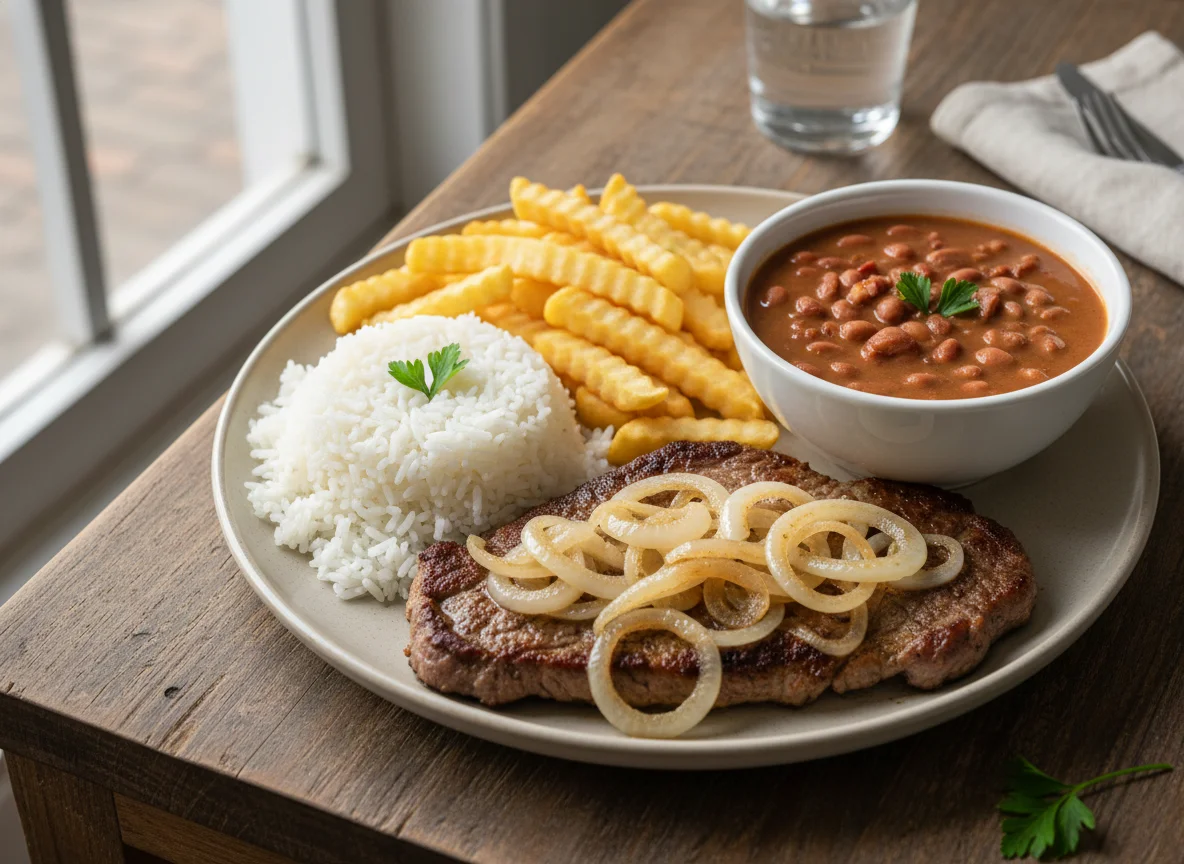 Bife acebolado com batata frita, arroz e feijão photo