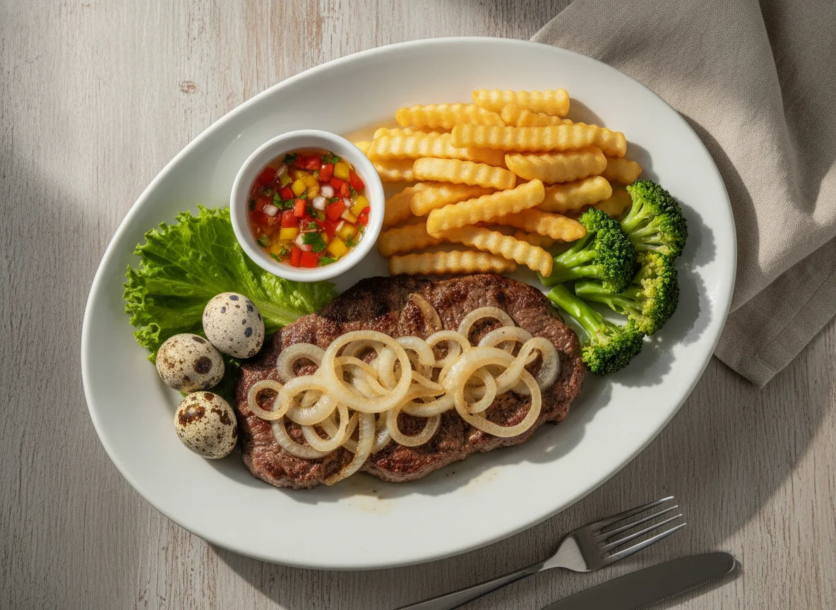 Bife acebolado com batata frita, brócolis e ovos de codorna photo