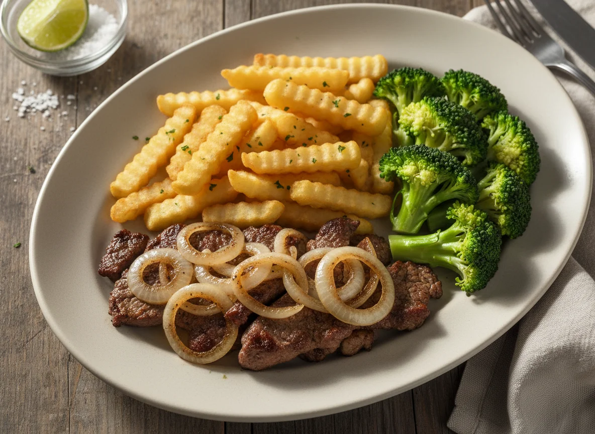 Bife acebolado com batata frita e brócolis photo