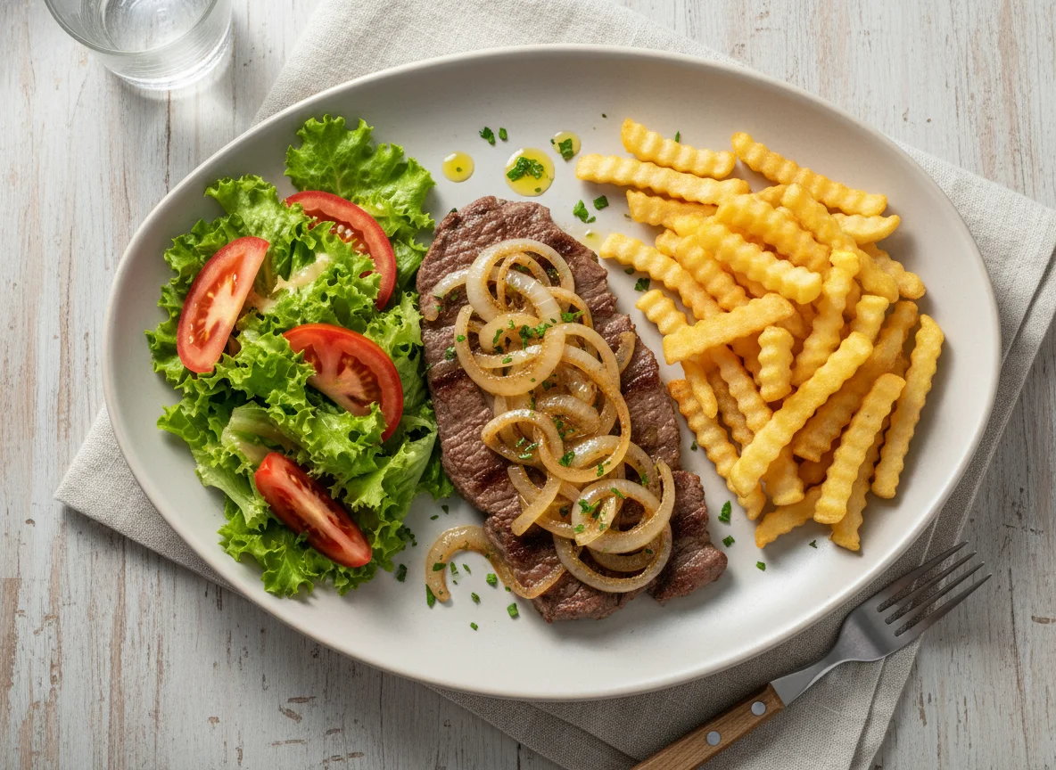 Bife Acebolado com Batata Frita e Salada photo