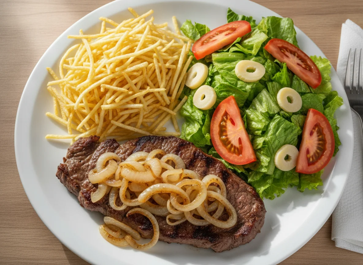 Bife acebolado com batata palha e salada photo
