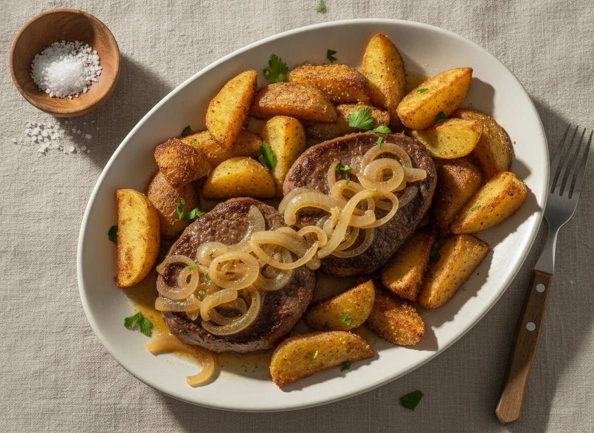 Bife acebolado com batatas assadas photo