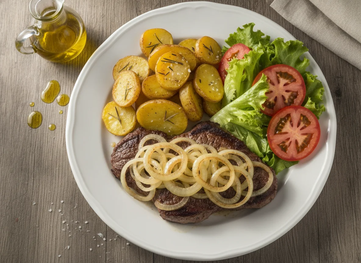 Bife acebolado com batatas assadas e salada photo