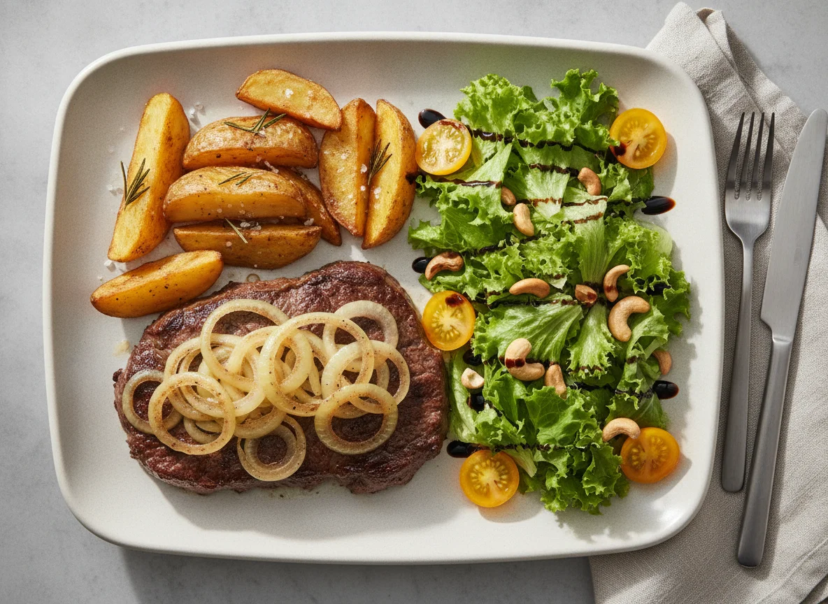 Bife acebolado com batatas assadas e salada verde photo
