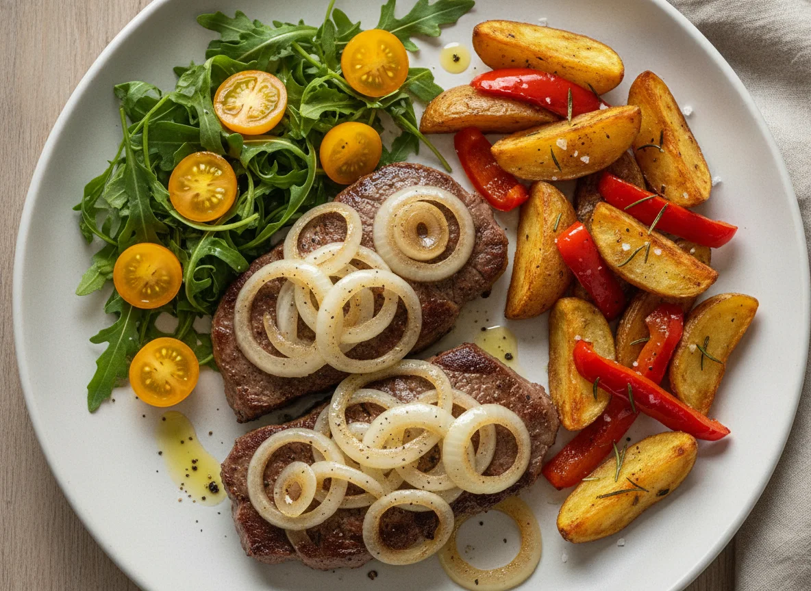 Bife acebolado com batatas assadas, rúcula e tomate cereja photo