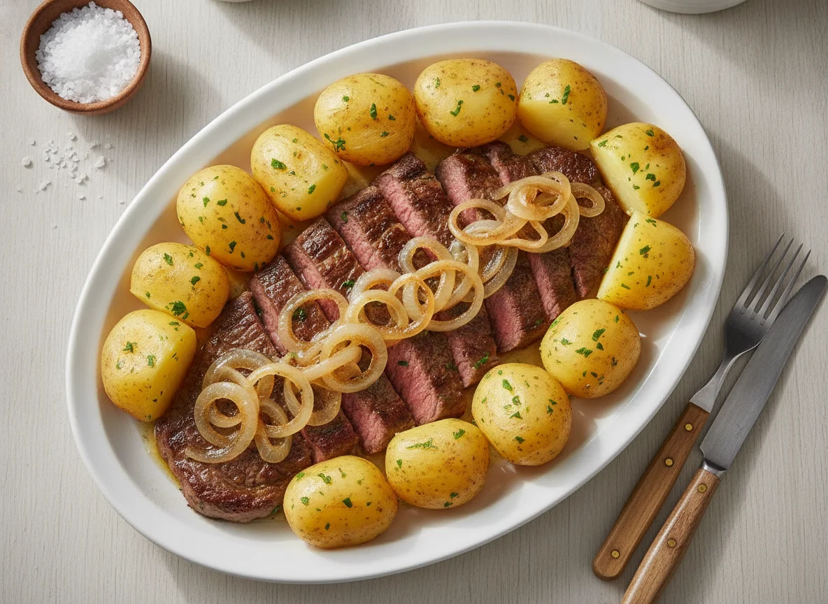 Bife acebolado com batatas cozidas photo