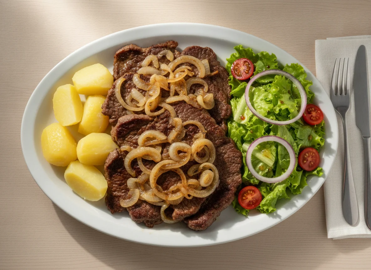 Bife acebolado com batatas e salada photo