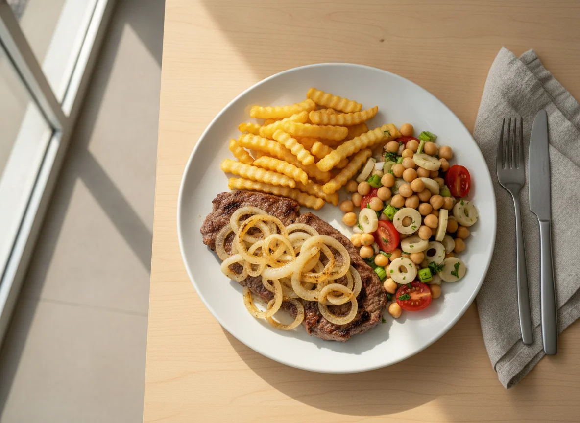 Bife acebolado com batatas e salada de grão-de-bico photo