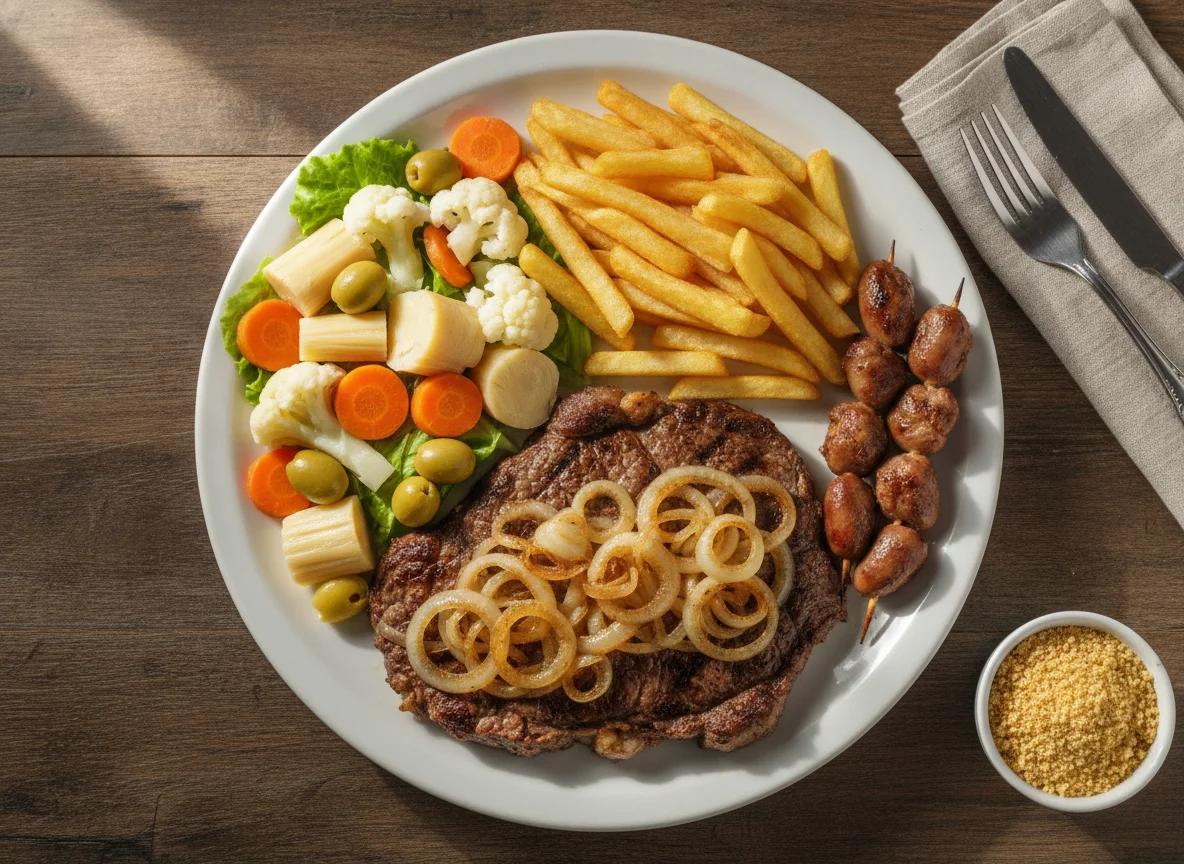 Bife acebolado com batatas fritas e salada de legumes photo