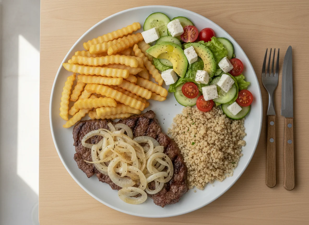 Bife acebolado com batatas fritas, quinoa e salada grega photo