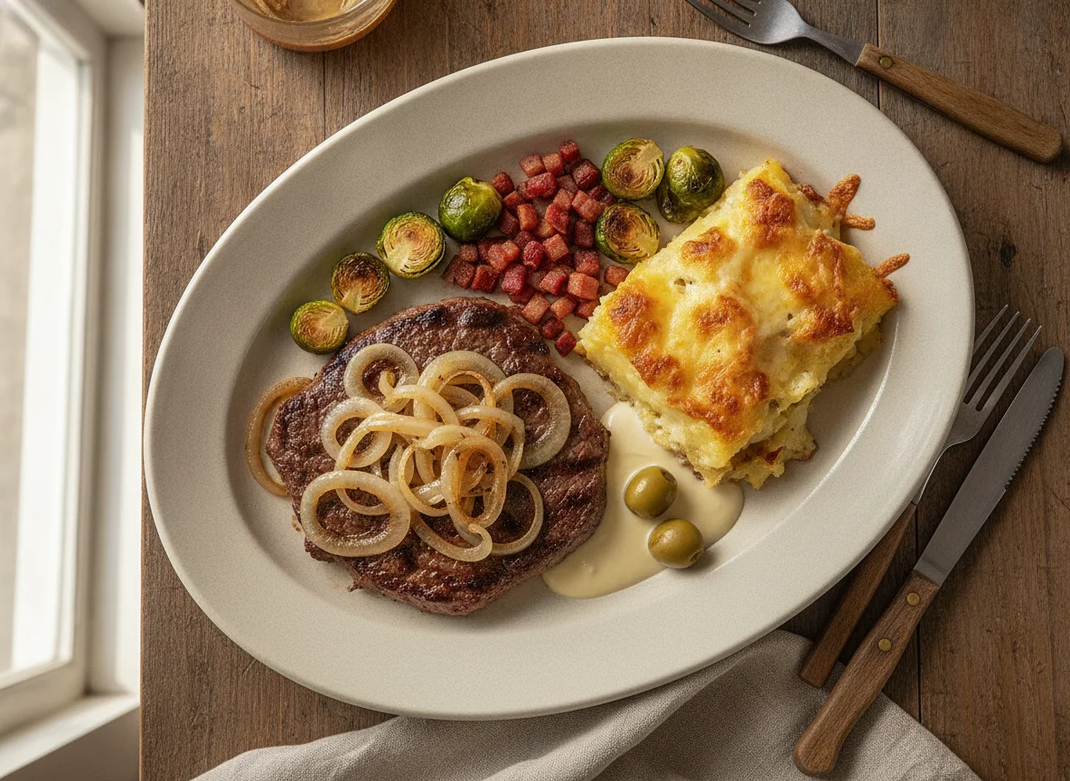 Bife acebolado com batatas gratinadas e acompanhamentos photo