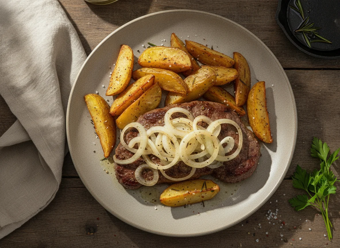 Bife acebolado com batatas rústicas photo