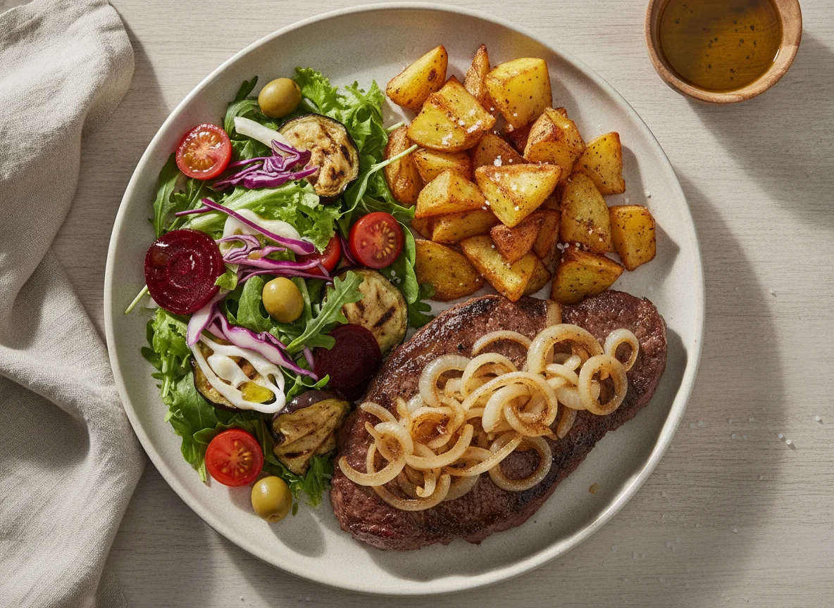 Bife acebolado com batatas rústicas e salada mista photo