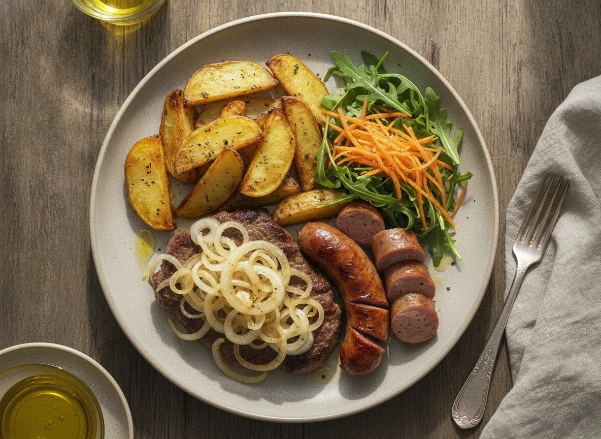 Bife acebolado com batatas rústicas, linguiça e salada photo
