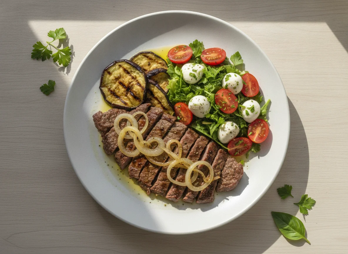 Bife acebolado com berinjela grelhada e salada de tomate com mussarela photo