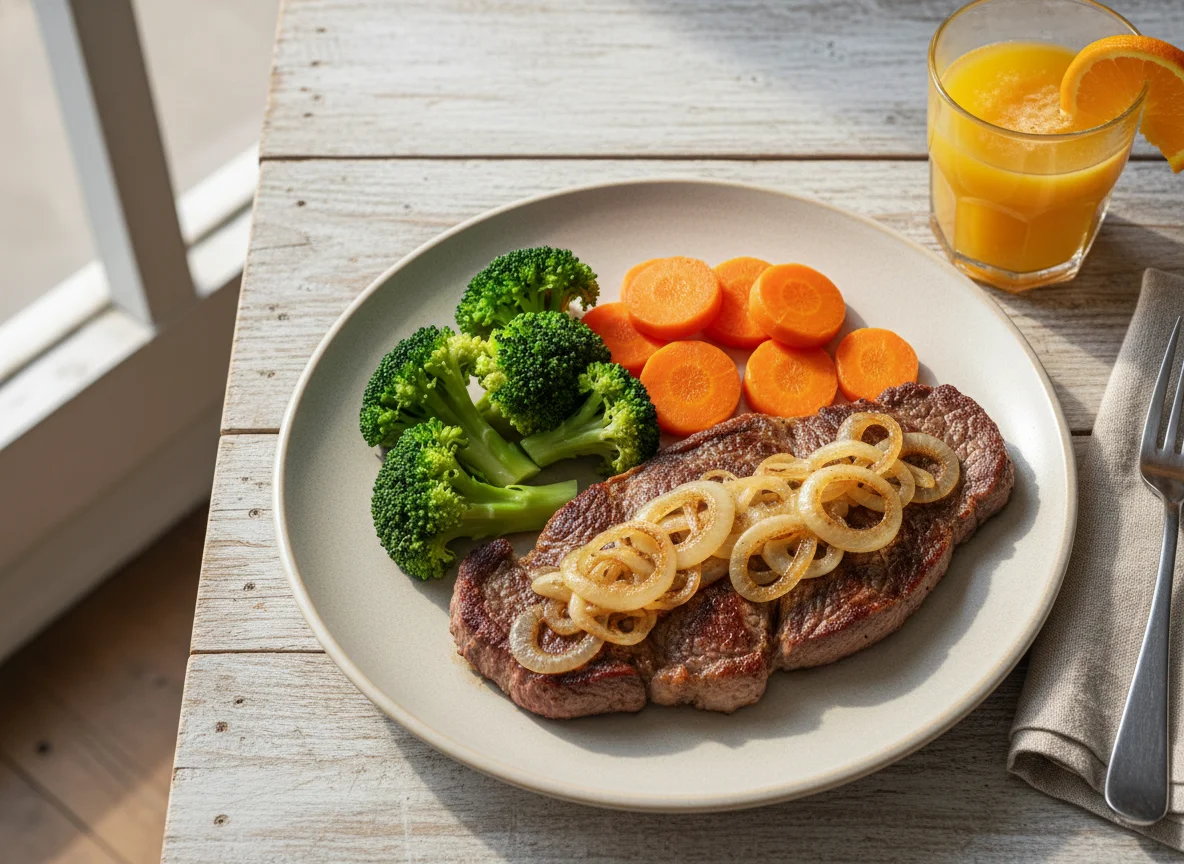 Bife acebolado com brócolis, cenoura e suco de laranja photo