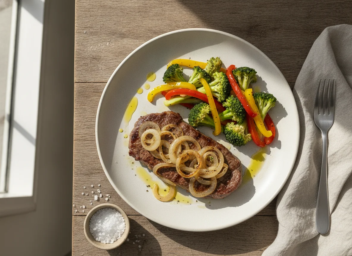 Bife acebolado com brócolis e pimentões photo