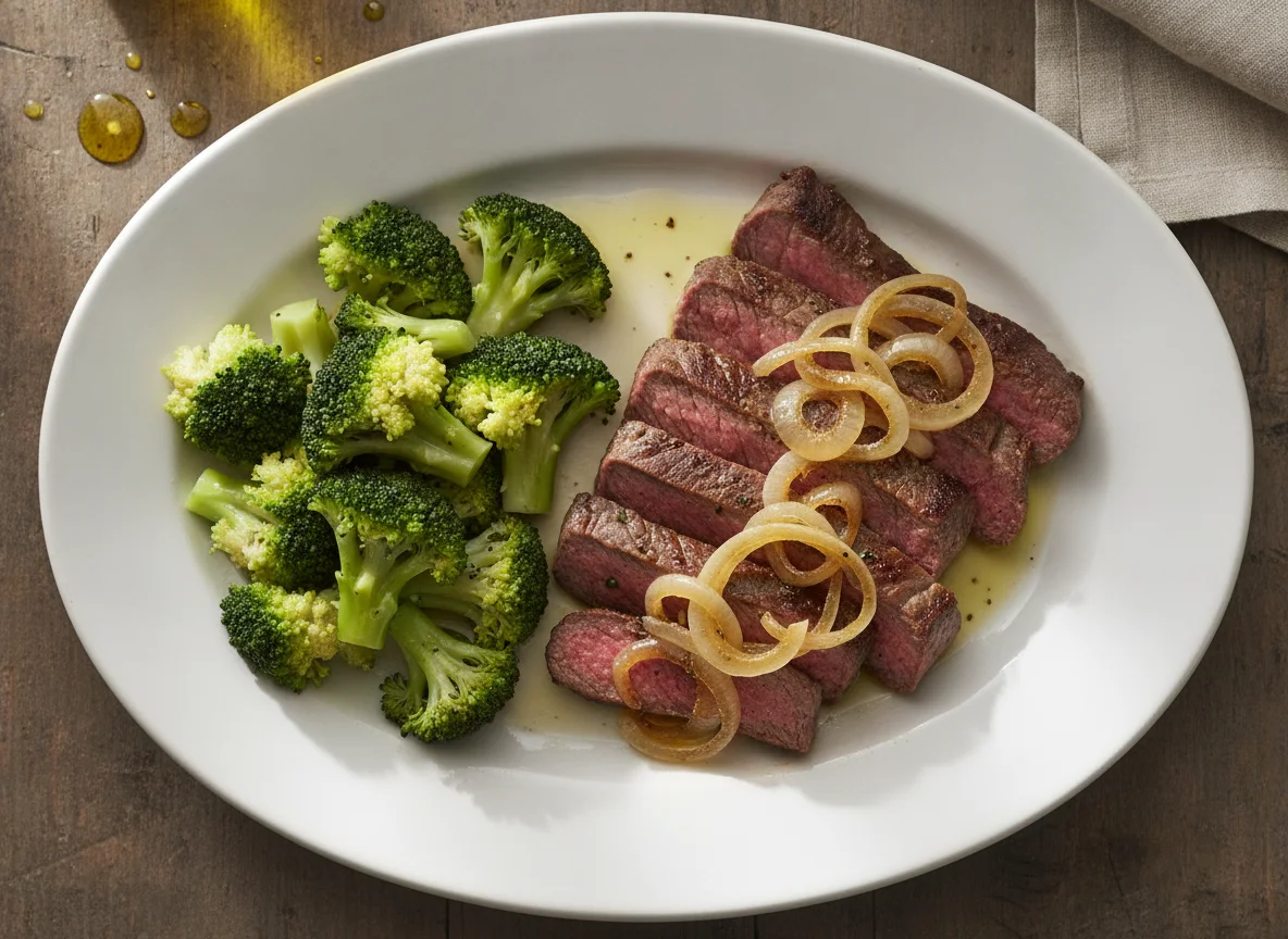 Bife acebolado com brócolis photo