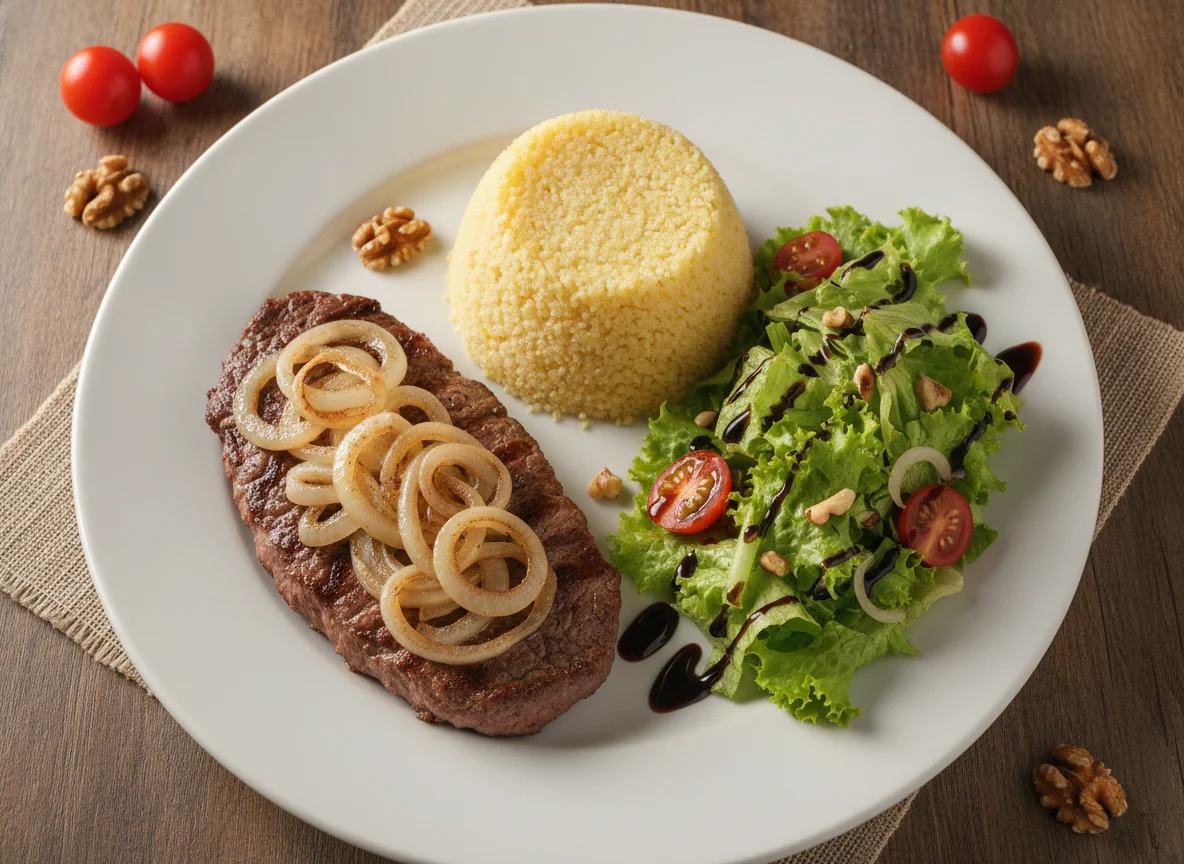 Bife acebolado com cuscuz de milho e salada de alface com nozes photo
