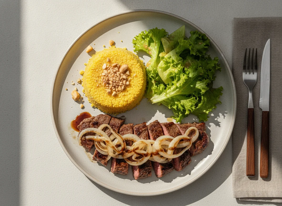 Bife acebolado com cuscuz e salada photo