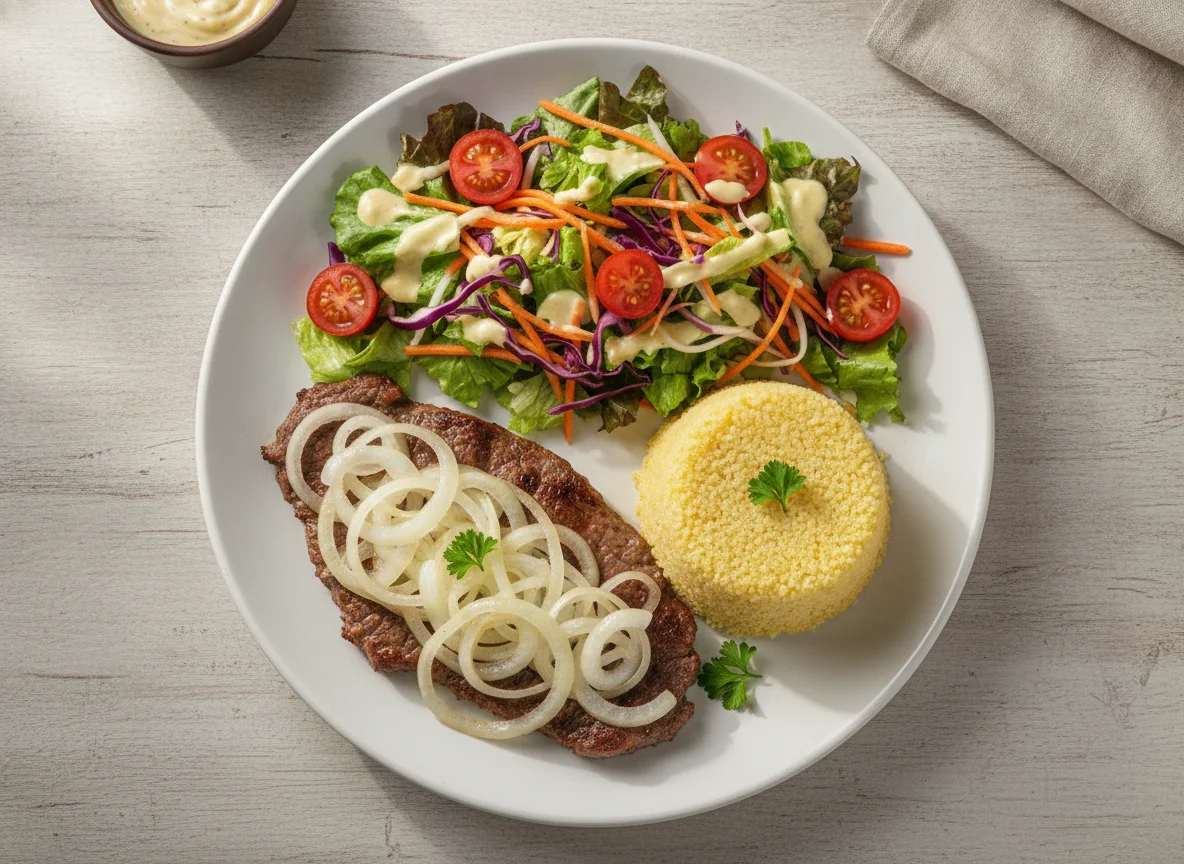 Bife acebolado com cuscuz e salada mista photo