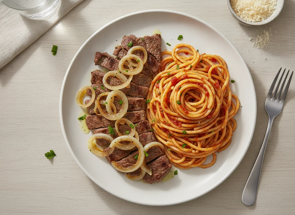 Bife acebolado com espaguete photo