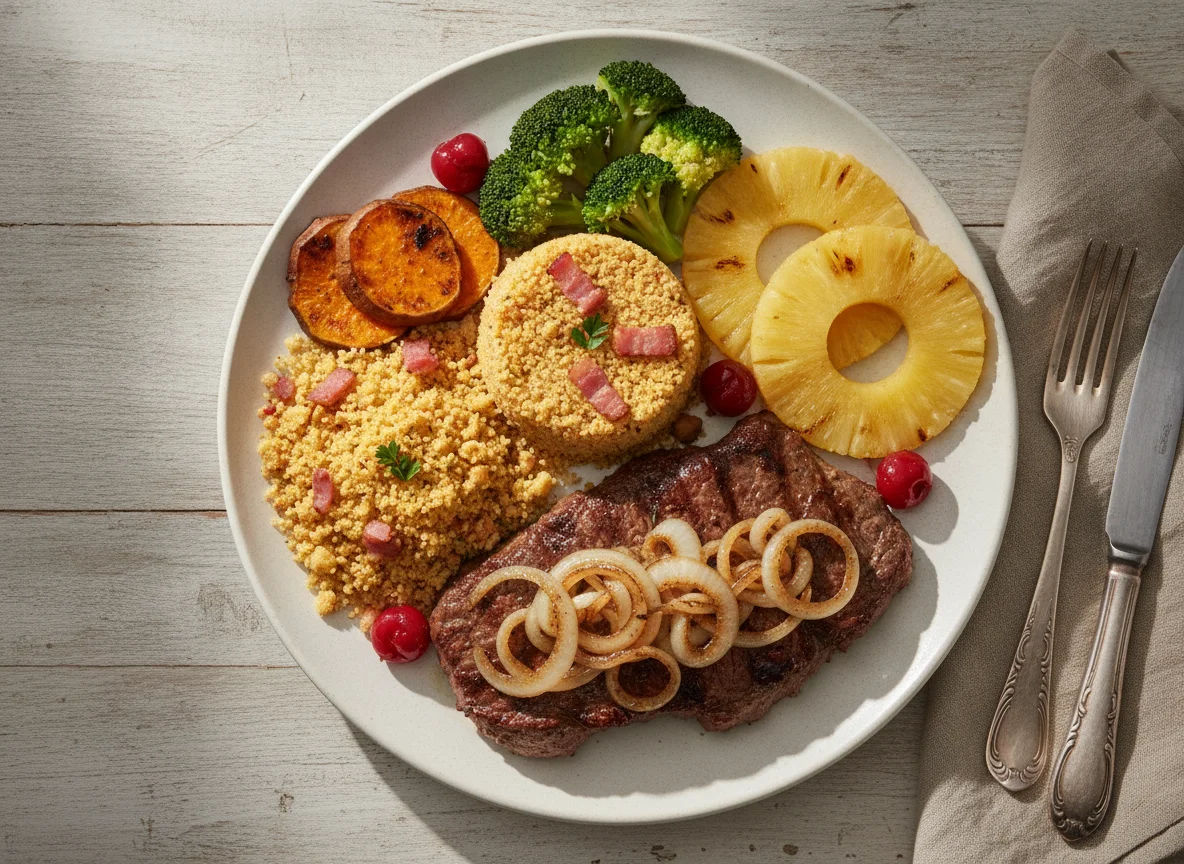 Bife acebolado com farofa, batata doce, brócolis e abacaxi grelhado photo
