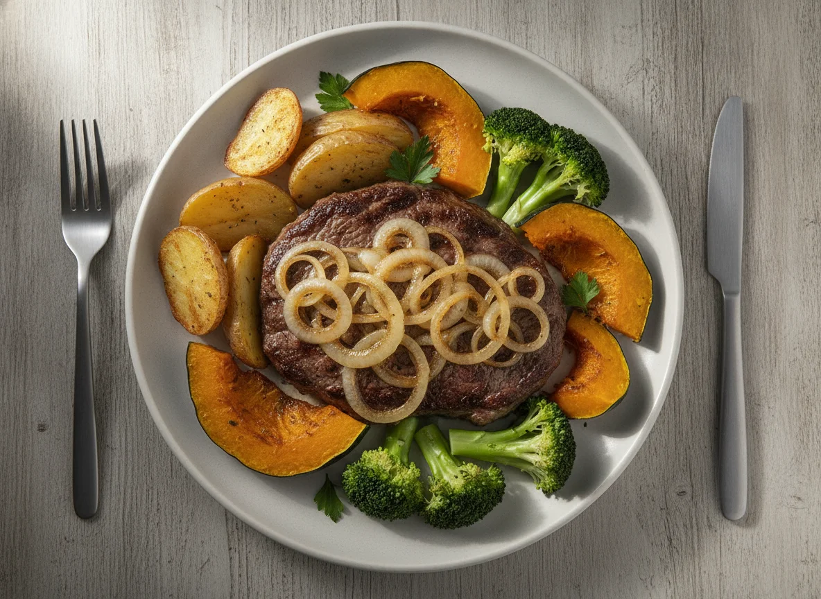 Bife acebolado com legumes assados photo