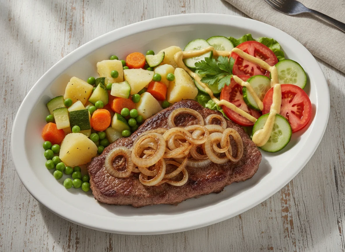 Bife acebolado com legumes cozidos e salada photo