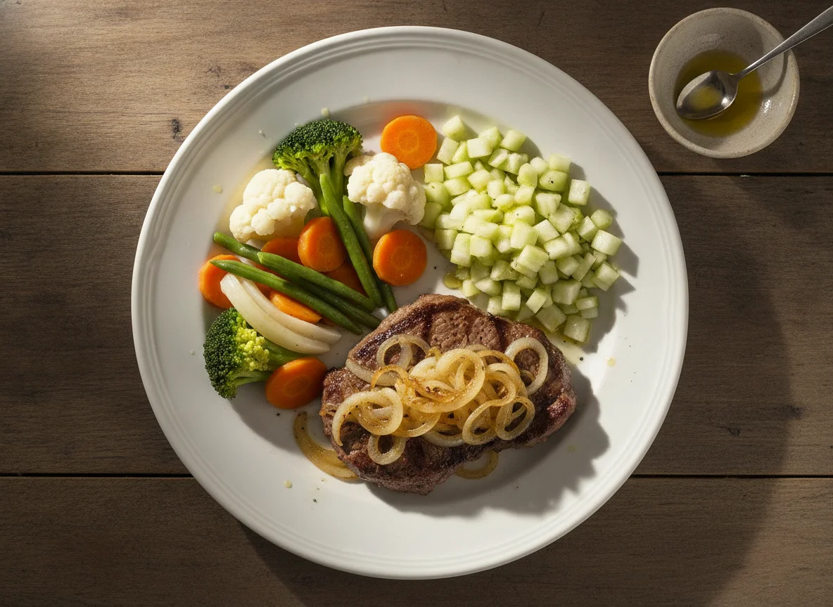 Bife acebolado com legumes cozidos e salada de chuchu photo